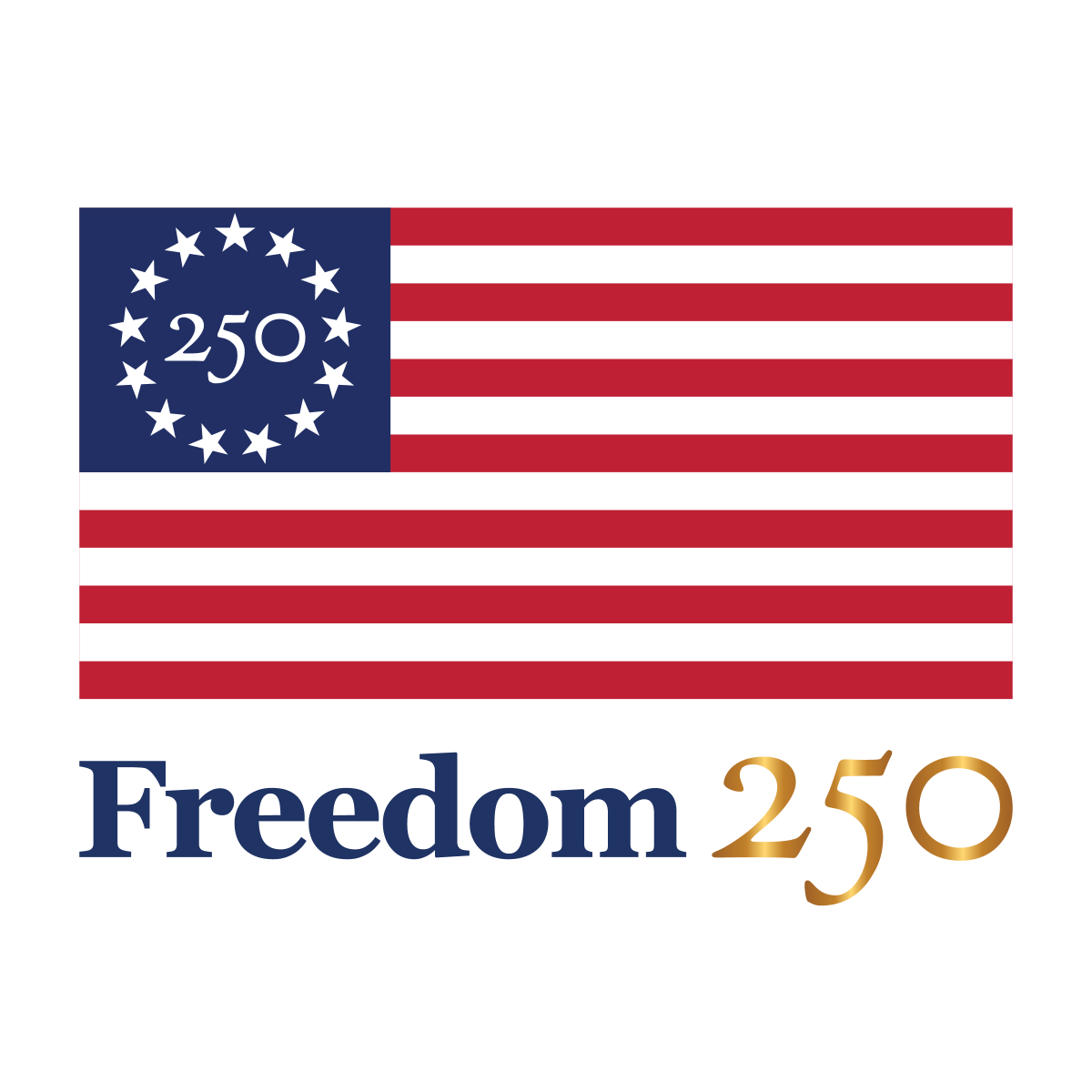 Freedom 250 logo with red, white, and blue design